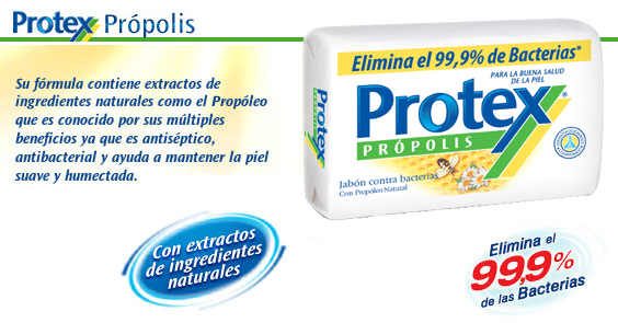Jabón Protex Própolis. Combina la protección antibacterial prolongada de Protex con el Propóleo, ofreciendo la mejor protección de la naturaleza para tí y toda tu familia. Ingrediente natural recogido de las plantas por las abejas.