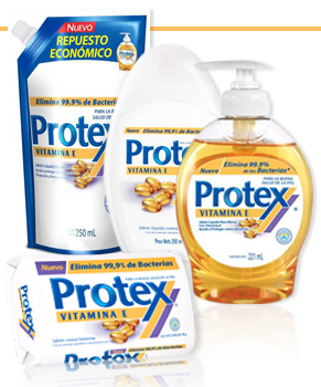 Jabón Protex Vitamina E. Recomendado para uso diario de toda la familia. Ofrece una prolongada protección contra bacterias para proteger la buena salud de tu piel y la de tu familia.